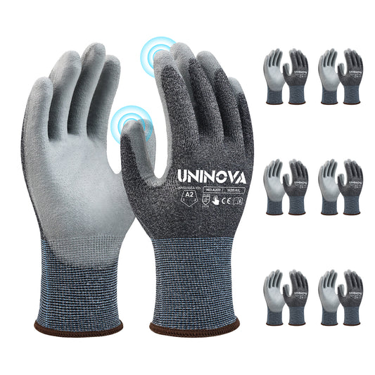6 Pairs A2 18 Gauge Grey PU Anti Cut Work Gloves Industrial Safety Gloves for Construction Warehouse Manufacturing General Work