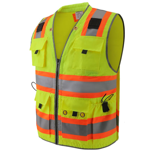 ANSI Class 2 High Visibility Surveyor Safety Vest with 14 Pockets Reflective Work Vest for Construction Utility Engineering