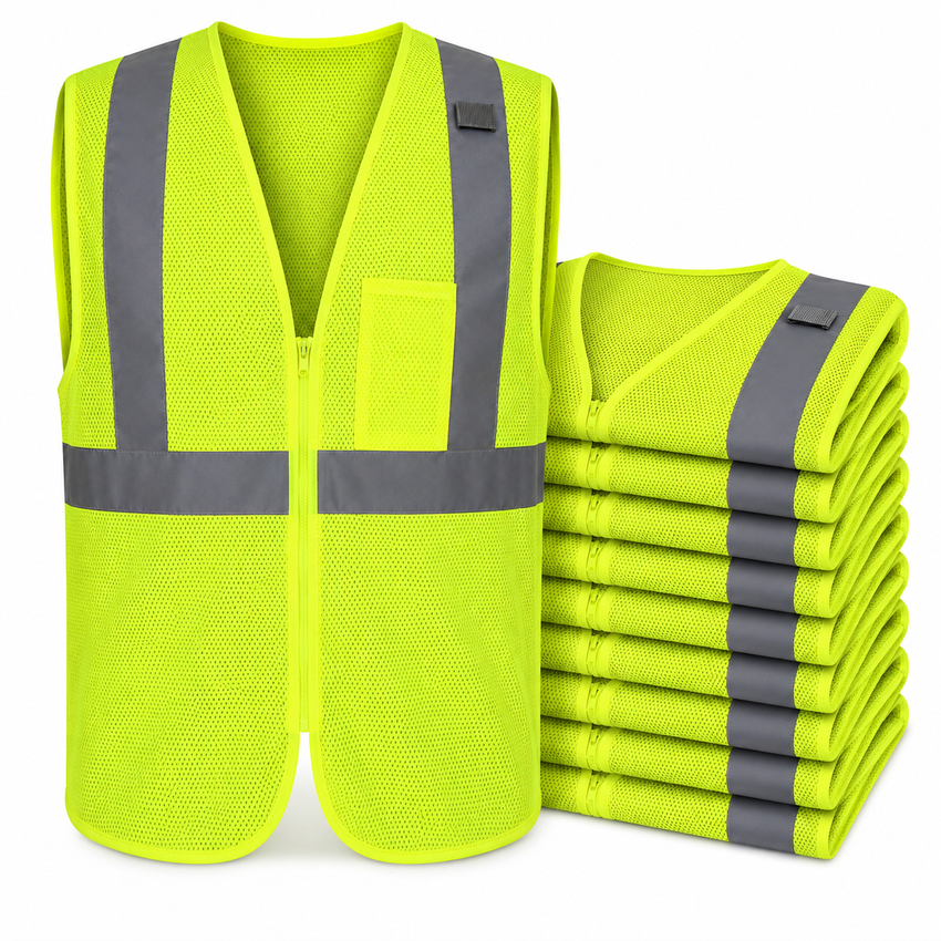Hi Vis Mesh Safety Vest 10 Pack ANSI Class 2 Reflective Work Vests for Crews