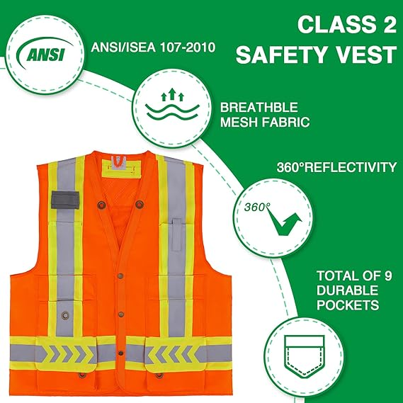 ANSI Class 2 High Visibility Safety Vest with 9 Pockets Reflective Surveyor Vest for Construction Road Work Utility