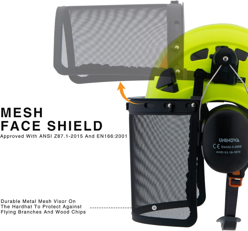 UNINOVA Forestry Helmet Chainsaw Helmet Arborist Helmet with Mesh Visor Face Shield and Earmuffs Ear Protection Safety Hard Hat Logging Tree Garden Work Helmet OSHA Hardhats