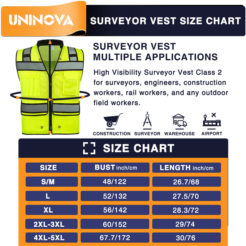 UNINOVA ANSI Class 2 High Visibility Safety Vest with Zipper, Multi-Pockets & Reflective Strips, Lightweight Breathable Mesh Work Vest for Construction, Surveying