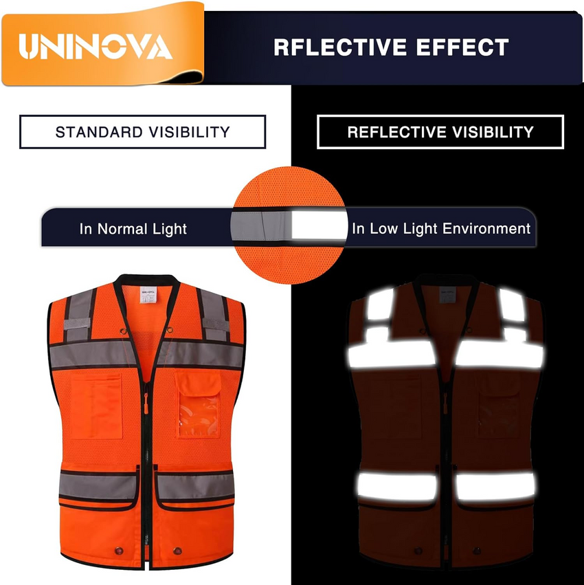 UNINOVA ANSI Class 2 High Visibility Safety Vest with Zipper, Multi-Pockets & Reflective Strips, Lightweight Breathable Mesh Work Vest for Construction, Surveying