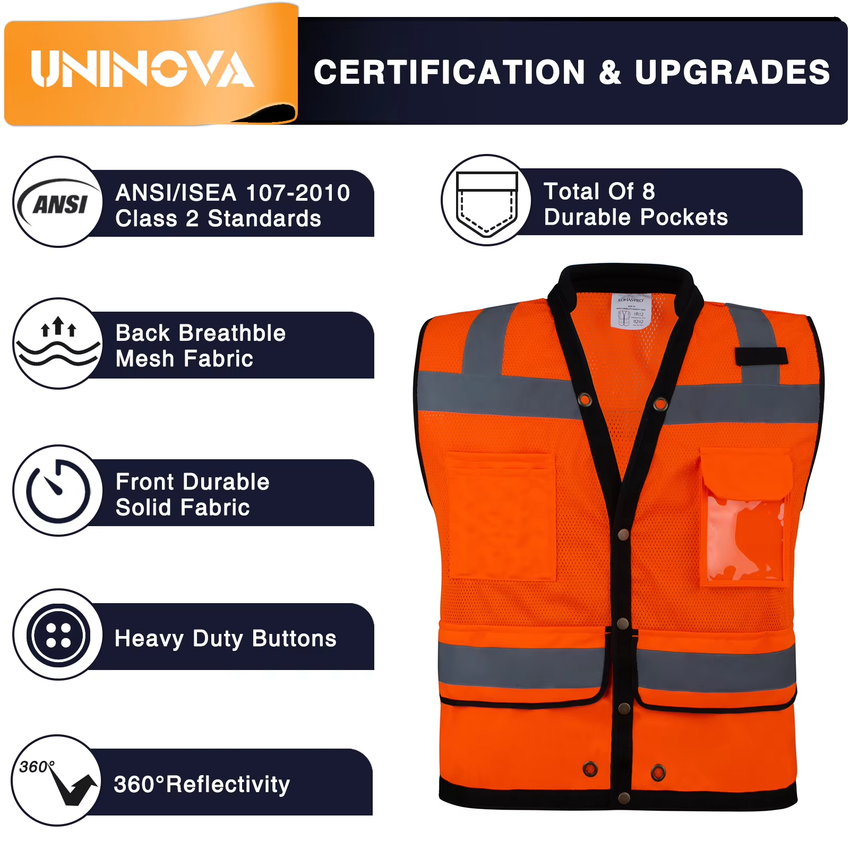 ANSI Class 2 High Visibility Safety Vest with Multi Pockets Reflective Mesh Surveyor Vest for Construction Road Work Utility