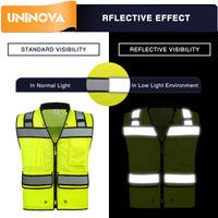 UNINOVA ANSI Class 2 High Visibility Safety Vest with Zipper, Multi-Pockets & Reflective Strips, Lightweight Breathable Mesh Work Vest for Construction, Surveying
