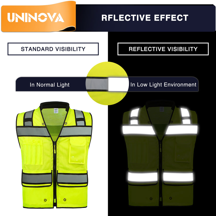UNINOVA ANSI Class 2 High Visibility Safety Vest with Zipper, Multi-Pockets & Reflective Strips, Lightweight Breathable Mesh Work Vest for Construction, Surveying