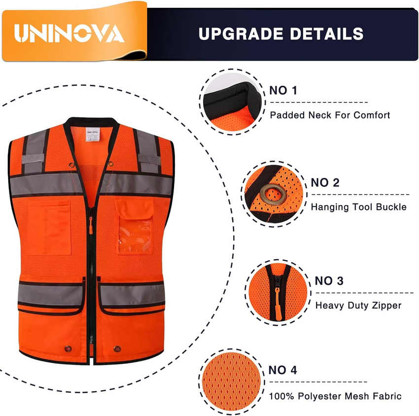 UNINOVA ANSI Class 2 High Visibility Safety Vest with Zipper, Multi-Pockets & Reflective Strips, Lightweight Breathable Mesh Work Vest for Construction, Surveying