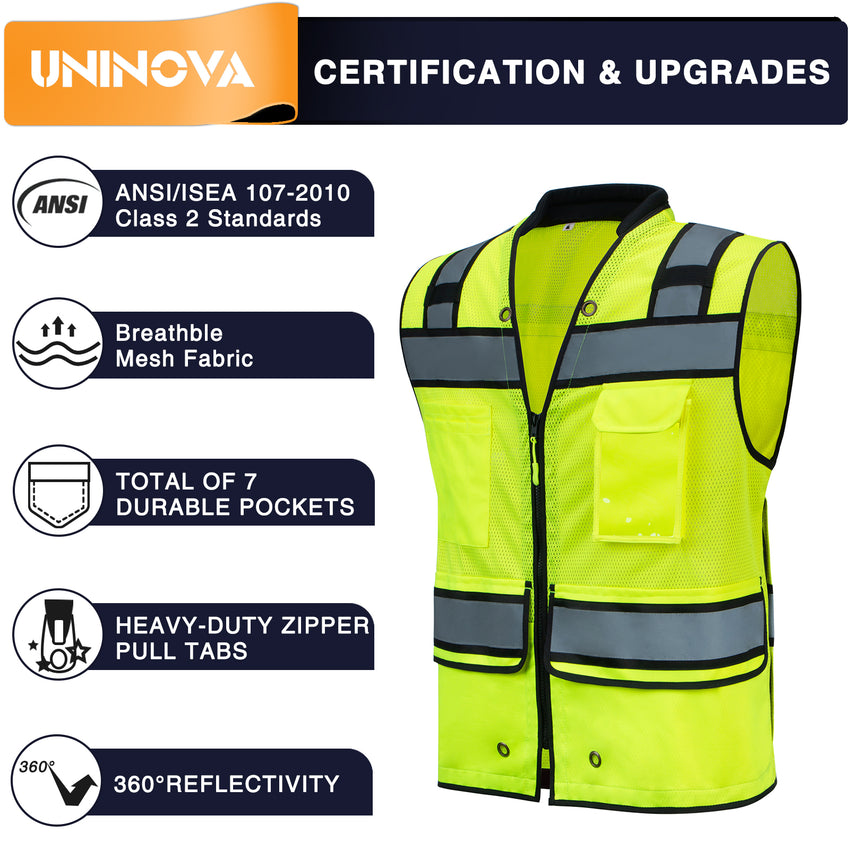 UNINOVA ANSI Class 2 High Visibility Safety Vest with Zipper, Multi-Pockets & Reflective Strips, Lightweight Breathable Mesh Work Vest for Construction, Surveying