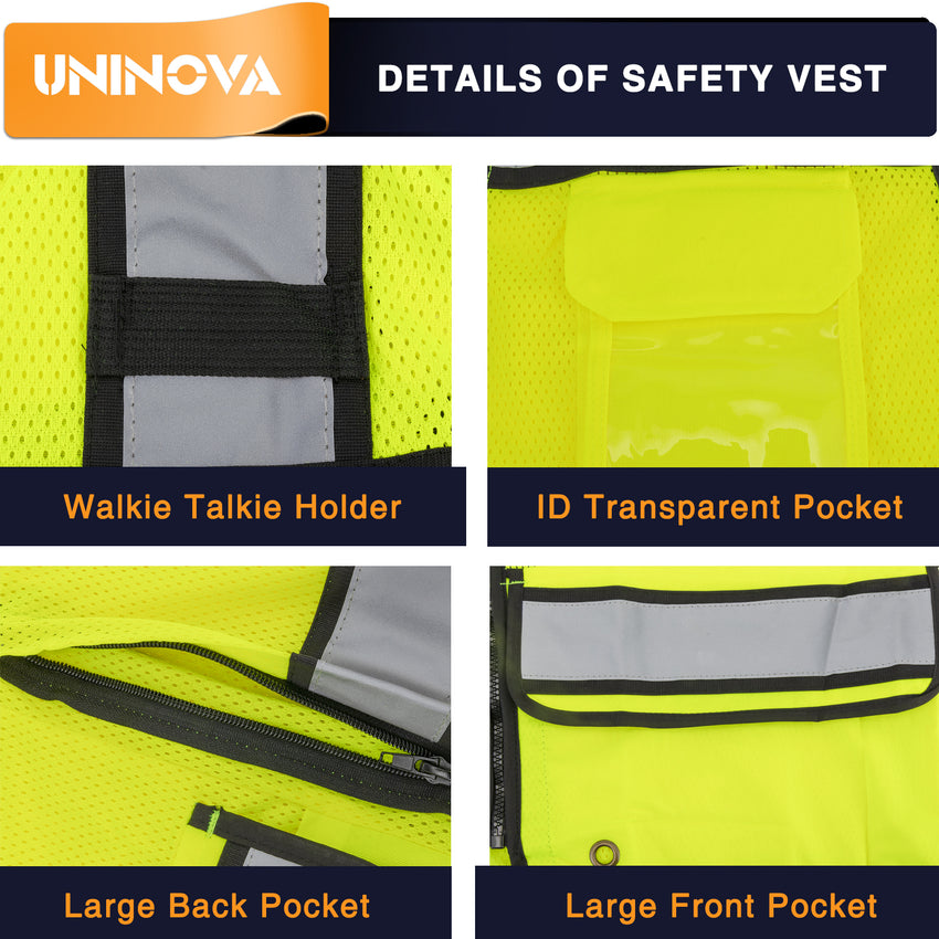 UNINOVA ANSI Class 2 High Visibility Safety Vest with Zipper, Multi-Pockets & Reflective Strips, Lightweight Breathable Mesh Work Vest for Construction, Surveying