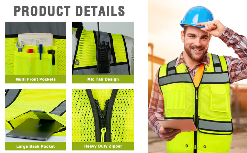 UNINOVA ANSI Class 2 High Visibility Safety Vest with Zipper, Multi-Pockets & Reflective Strips, Lightweight Breathable Mesh Work Vest for Construction, Surveying