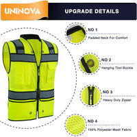 UNINOVA ANSI Class 2 High Visibility Safety Vest with Zipper, Multi-Pockets & Reflective Strips, Lightweight Breathable Mesh Work Vest for Construction, Surveying
