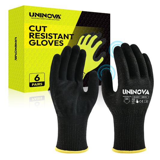 UNINOVA Cut Resistant Gloves ANSI A4 Touchscreen Mechanic Work Glove 13 Gauge Knit Safety Grip for Construction 6 Pairs Black