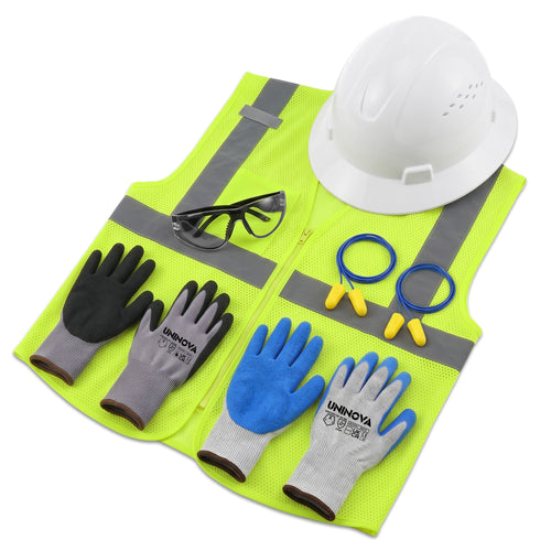 Construction PPE Kit - Hard Hat, High Visibility Vest, Safety Glasses, Gloves & Earplugs