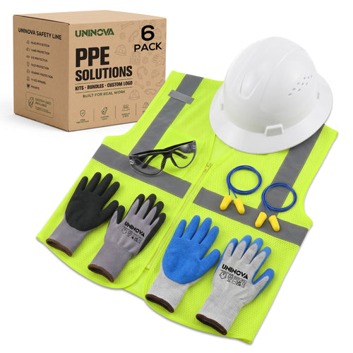 Construction PPE Kit - Hard Hat, High Visibility Vest, Safety Glasses, Gloves & Earplugs