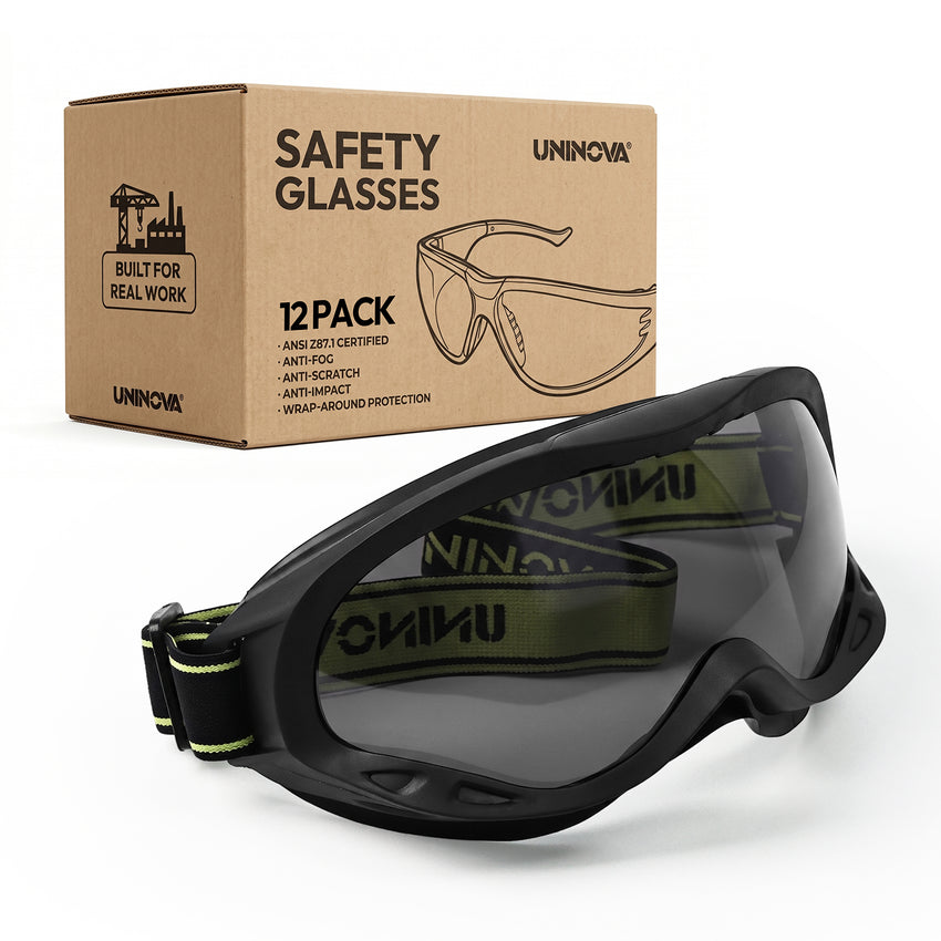 UNINOVA OTG Safety Goggles – ANSI Z87.1, Anti-Fog, Clear/Smoke