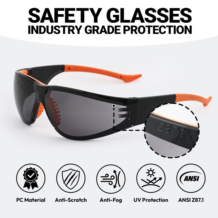 12 Pack ANSI Z87.1 Anti Fog Safety Glasses Smoke Lens Orange Black Protective Eyewear for Work Crews