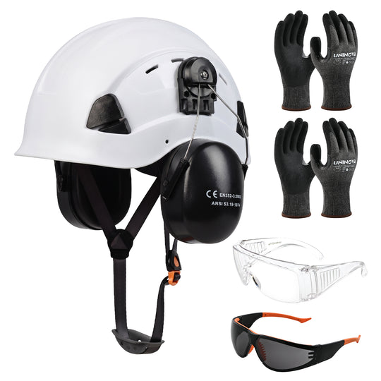 UNINOVA Logging PPE Kit Arborist Safety Gear Set with Vented Hard Hat Earmuffs Clear & Tinted Safety Glasses and A4 Cut Resistant Gloves