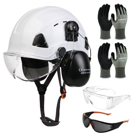 UNINOVA Logging PPE Kit Arborist Safety Gear Set with Vented Hard Hat Earmuffs Clear & Tinted Safety Glasses and A4 Cut Resistant Gloves