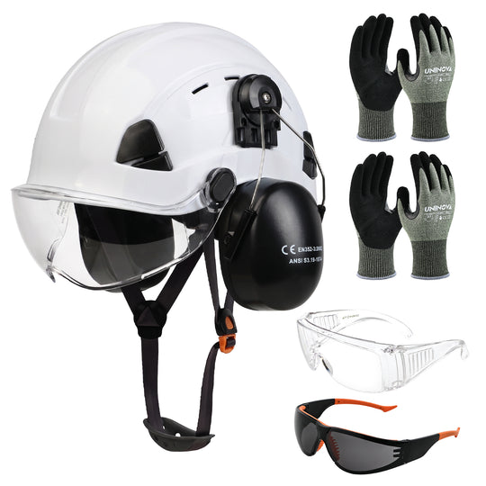 UNINOVA Logging PPE Kit Arborist Safety Gear Set with Vented Hard Hat Earmuffs Clear & Tinted Safety Glasses and A4 Cut Resistant Gloves