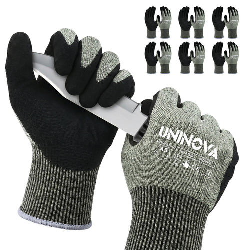 UNINOVA ANSI A5 Cut Resistant Gloves with Sandy Nitrile Grip and Touchscreen Capability