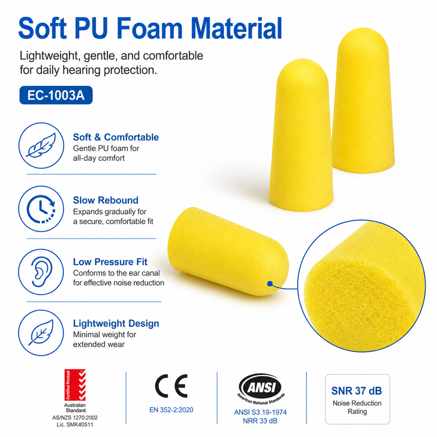 PU Foam Disposable Earplugs, 100 Pairs per Box – Industrial Hearing Protection Ear Plugs for Construction, Manufacturing & Workshop Noise