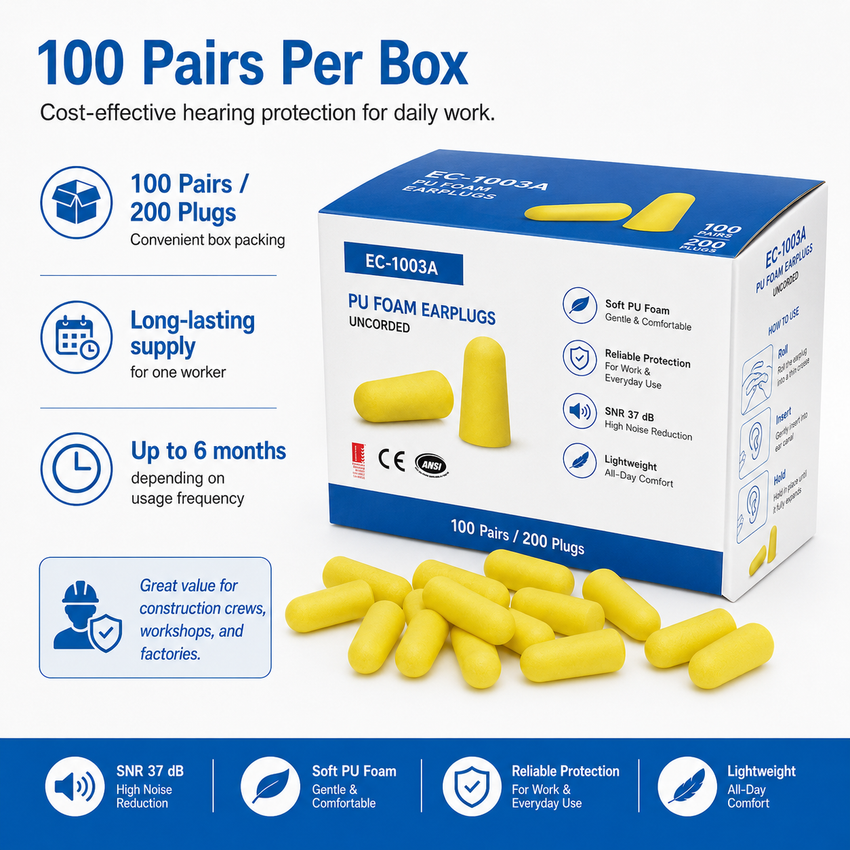 PU Foam Disposable Earplugs, 100 Pairs per Box – Industrial Hearing Protection Ear Plugs for Construction, Manufacturing & Workshop Noise