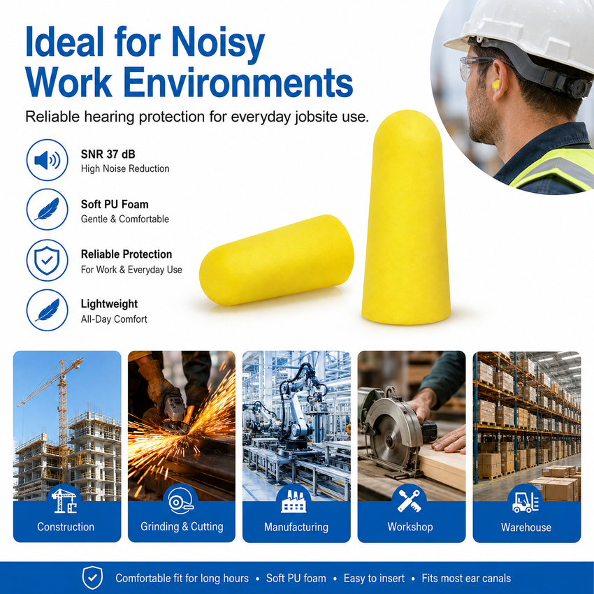 PU Foam Disposable Earplugs, 100 Pairs per Box – Industrial Hearing Protection Ear Plugs for Construction, Manufacturing & Workshop Noise