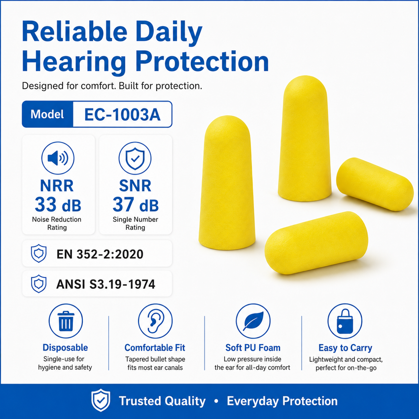 PU Foam Disposable Earplugs, 100 Pairs per Box – Industrial Hearing Protection Ear Plugs for Construction, Manufacturing & Workshop Noise