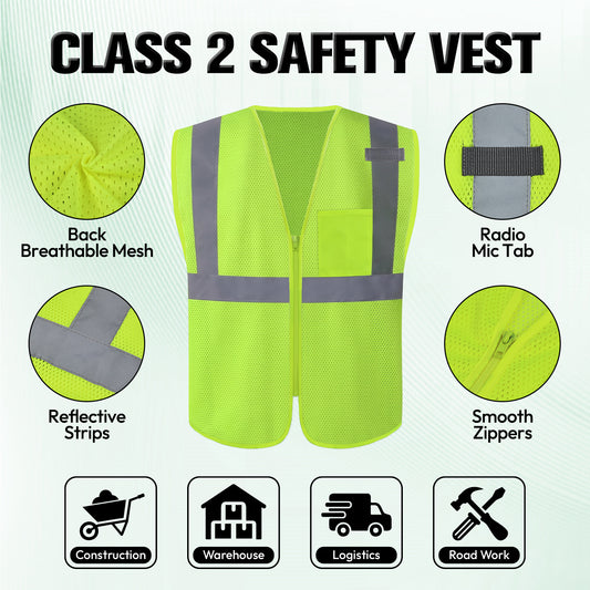 ANSI Class 2 High Visibility Safety Vest Reflective Mesh Work Vest with Zipper and Radio Mic Tab for Construction Warehouse