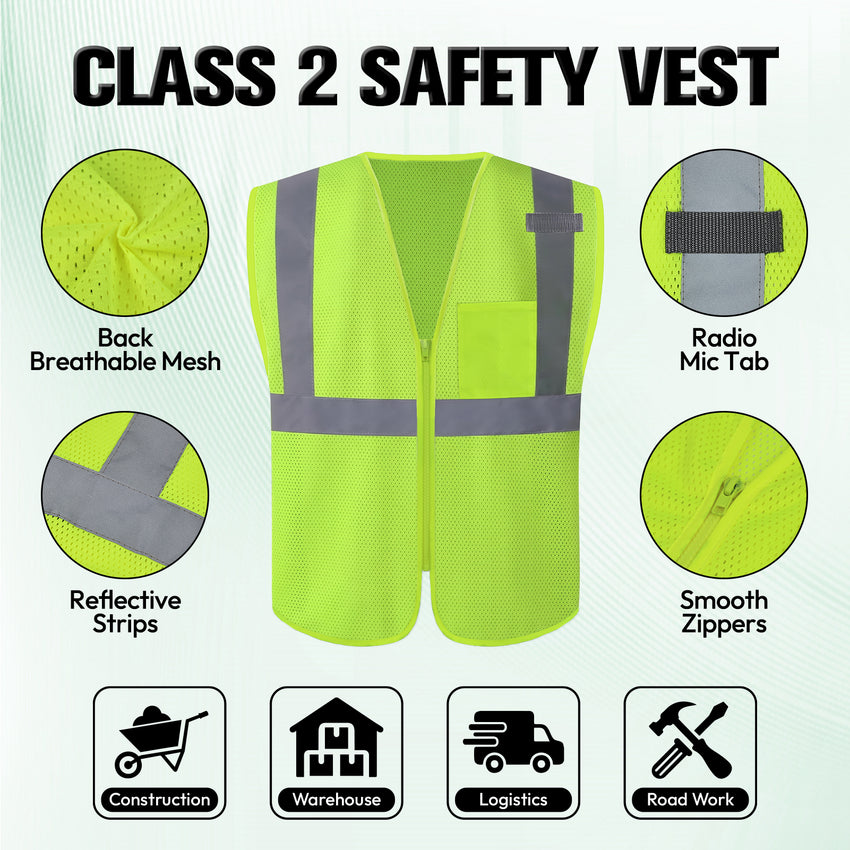 ANSI Class 2 High Visibility Safety Vest Reflective Mesh Work Vest with Zipper and Radio Mic Tab for Construction Warehouse