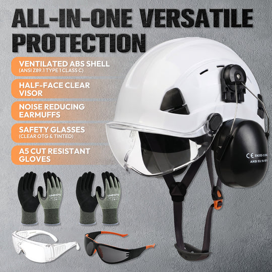 UNINOVA Logging PPE Kit Arborist Safety Gear Set with Vented Hard Hat Earmuffs Clear & Tinted Safety Glasses and A4 Cut Resistant Gloves