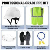 New Hire PPE Kit - Hard Hat, Class 2 Safety Vest, Glasses, Gloves & Earplugs