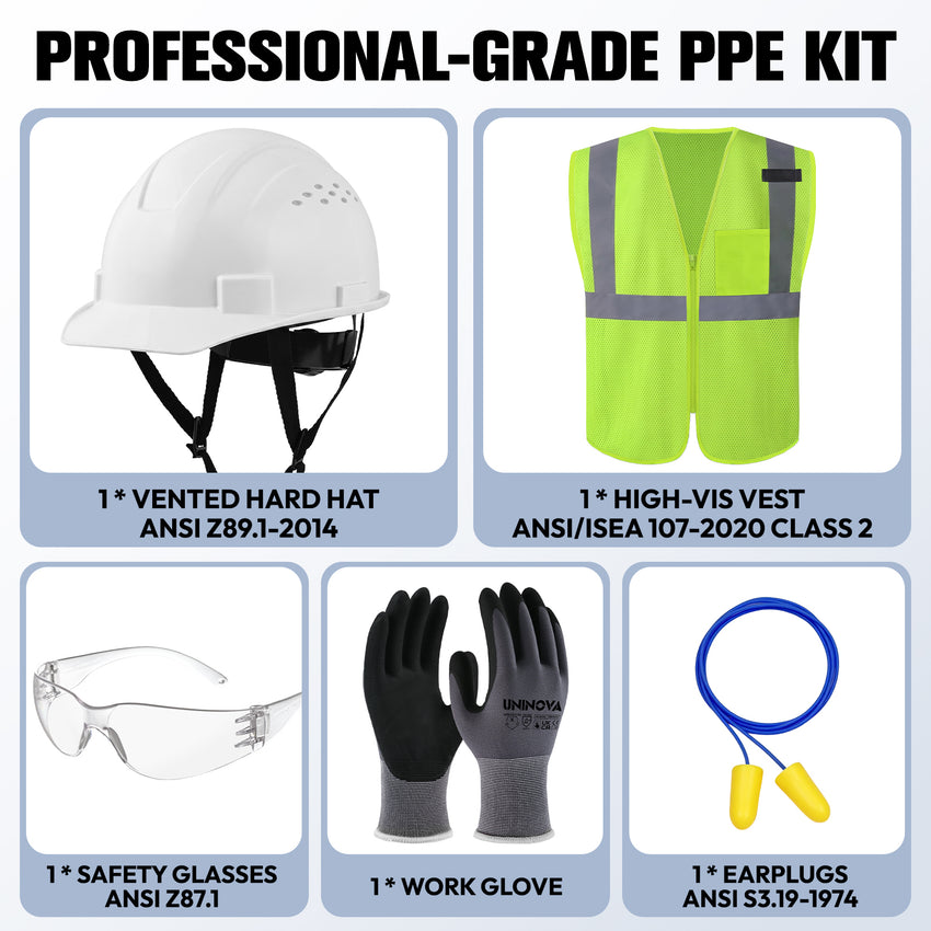 New Hire PPE Kit - Hard Hat, Class 2 Safety Vest, Glasses, Gloves & Earplugs