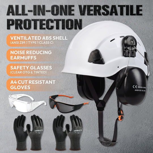 UNINOVA Logging PPE Kit Arborist Safety Gear Set with Vented Hard Hat Earmuffs Clear & Tinted Safety Glasses and A4 Cut Resistant Gloves