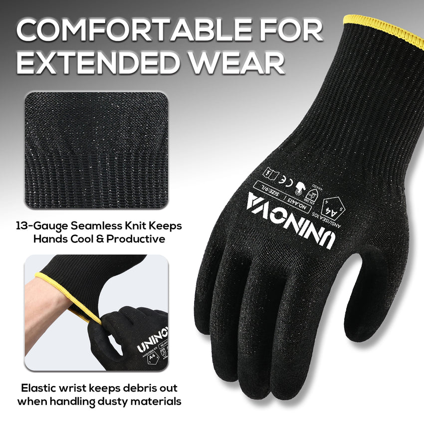 UNINOVA Cut Resistant Gloves ANSI A4 Touchscreen Mechanic Work Glove 13 Gauge Knit Safety Grip for Construction 6 Pairs Black