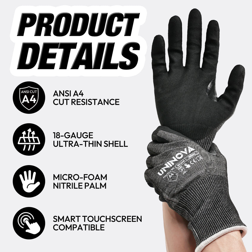 UNINOVA ANSI A4 18-Gauge Nitrile-Coated Gloves, Reinforced Thumb