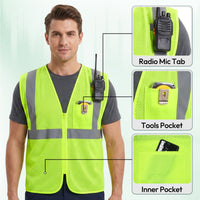ANSI Class 2 High Visibility Safety Vest Reflective Mesh Work Vest with Zipper and Radio Mic Tab for Construction Warehouse