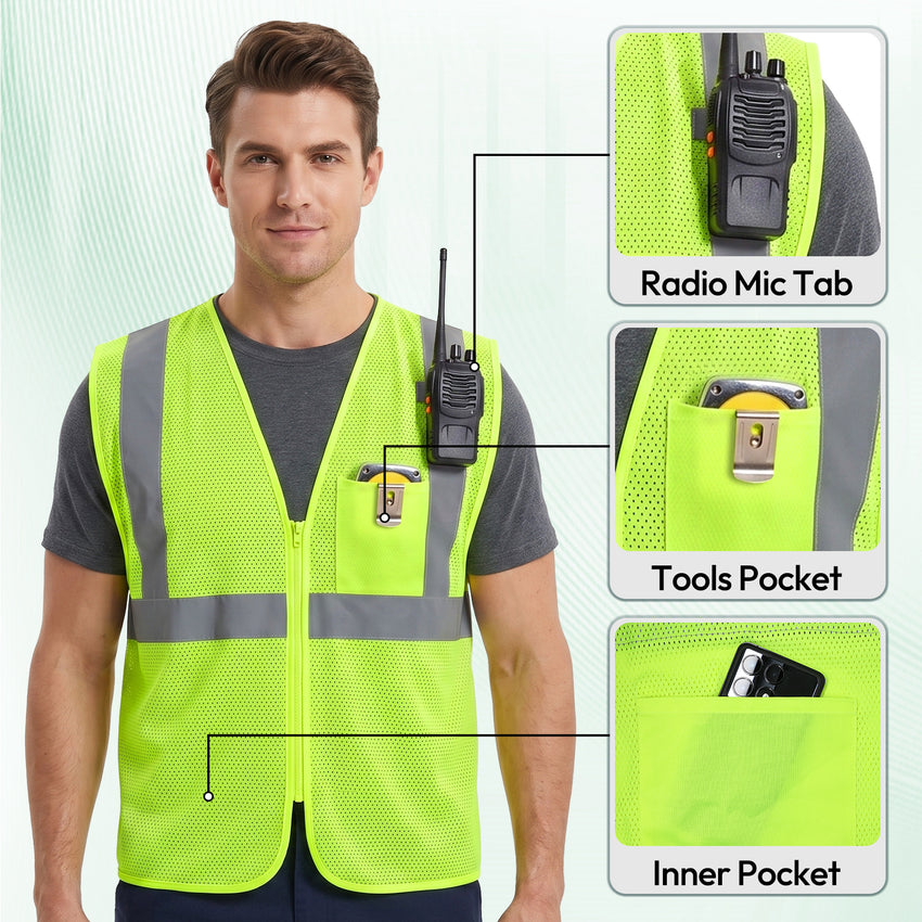 ANSI Class 2 High Visibility Safety Vest Reflective Mesh Work Vest with Zipper and Radio Mic Tab for Construction Warehouse