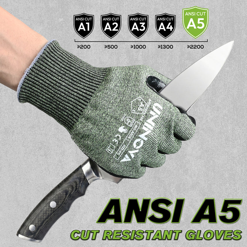 UNINOVA ANSI A5 Cut Resistant Gloves with Sandy Nitrile Grip and Touchscreen Capability