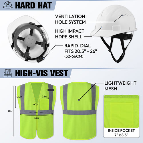 New Hire PPE Kit - Hard Hat, Class 2 Safety Vest, Glasses, Gloves & Earplugs
