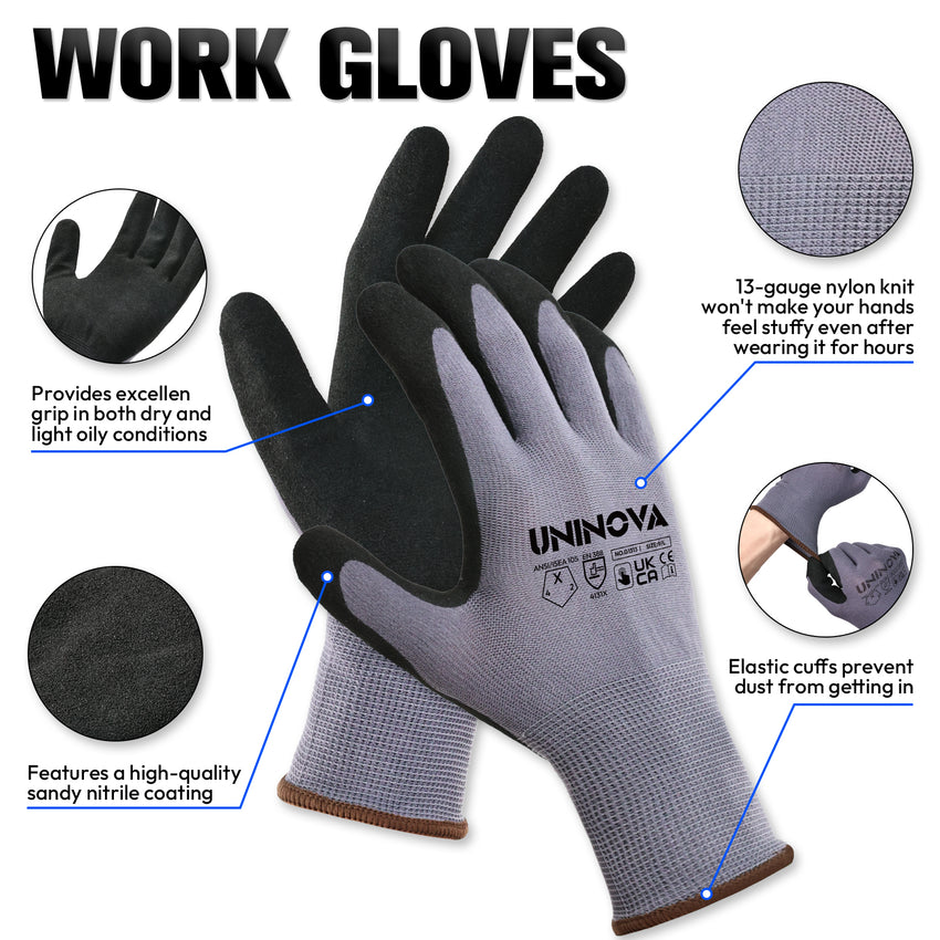 UNINOVA Sandy Nitrile Coated Touchscreen Work Gloves – 13 Gauge Nylon General Purpose Gloves