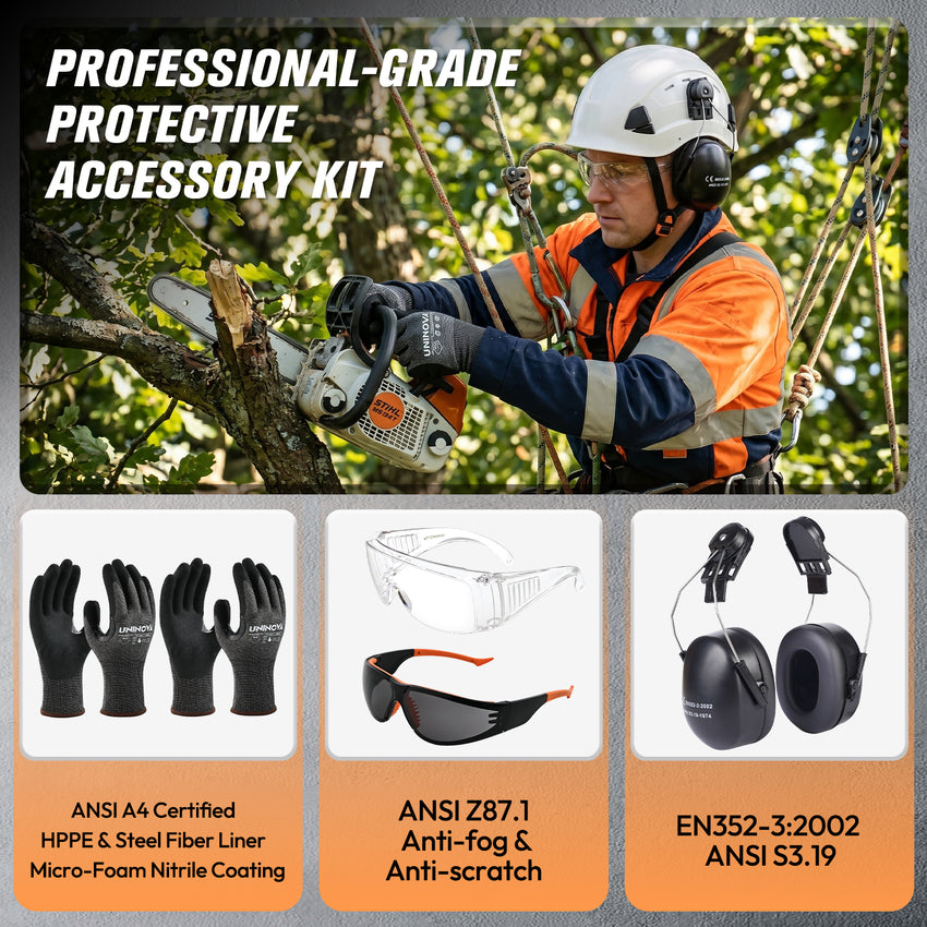 UNINOVA Logging PPE Kit Arborist Safety Gear Set with Vented Hard Hat Earmuffs Clear & Tinted Safety Glasses and A4 Cut Resistant Gloves