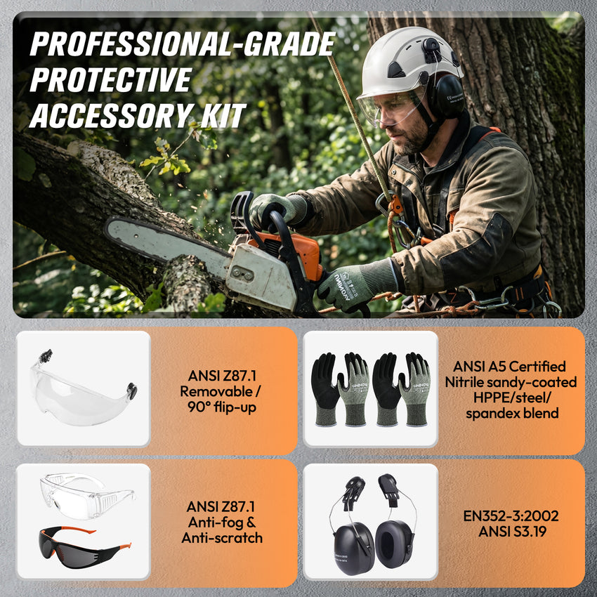 UNINOVA Logging PPE Kit Arborist Safety Gear Set with Vented Hard Hat Earmuffs Clear & Tinted Safety Glasses and A4 Cut Resistant Gloves