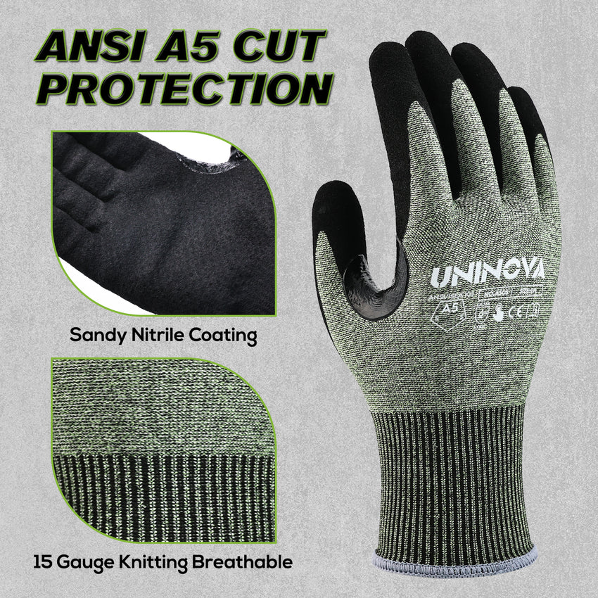 UNINOVA ANSI A5 Cut Resistant Gloves with Sandy Nitrile Grip and Touchscreen Capability