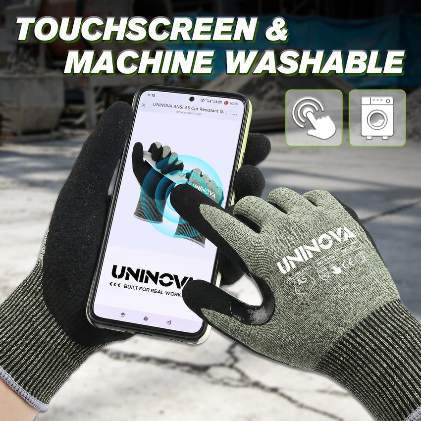 UNINOVA ANSI A5 Cut Resistant Gloves with Sandy Nitrile Grip and Touchscreen Capability