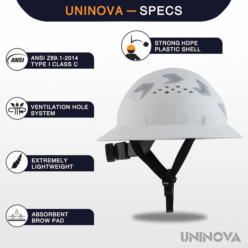 UNINOVA 18-Vent HDPE Full Brim Hard Hat with Reflective Strips, Type I Class C