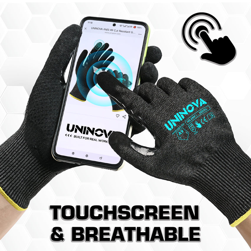 UNINOVA ANSI A9 Cut Resistant Gloves with Sandy Nitrile Grip and Touchscreen Capability