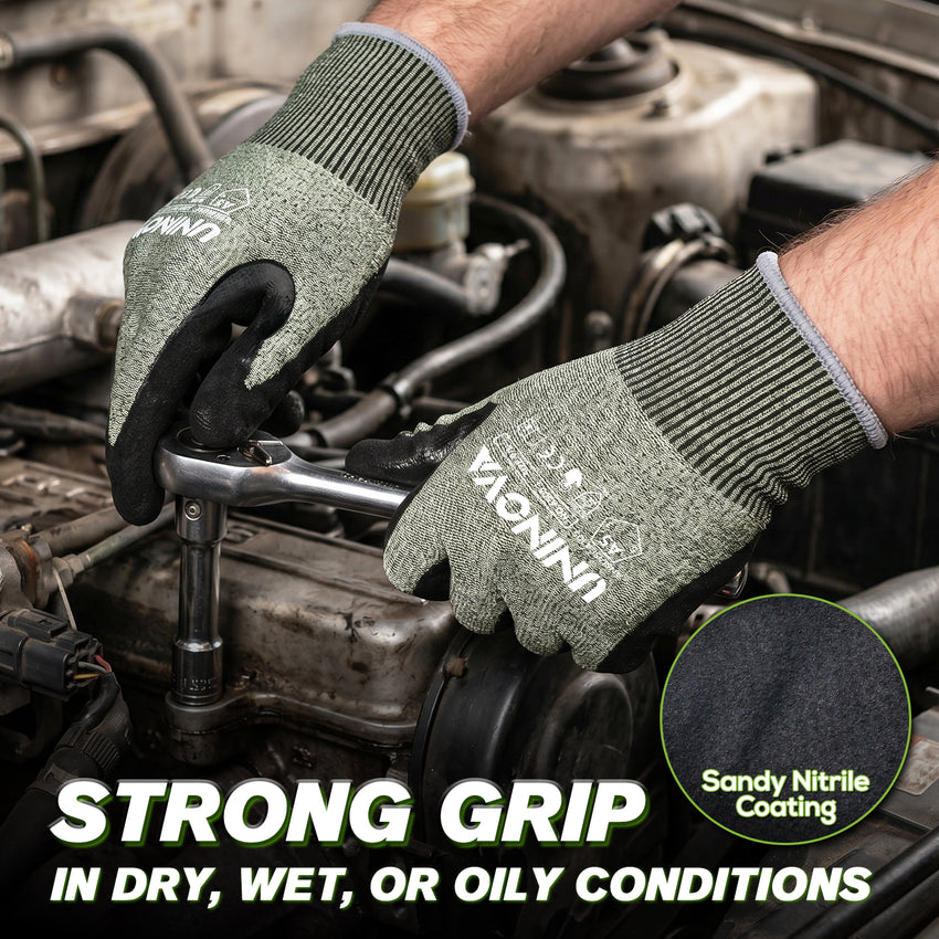 UNINOVA ANSI A5 Cut Resistant Gloves with Sandy Nitrile Grip and Touchscreen Capability