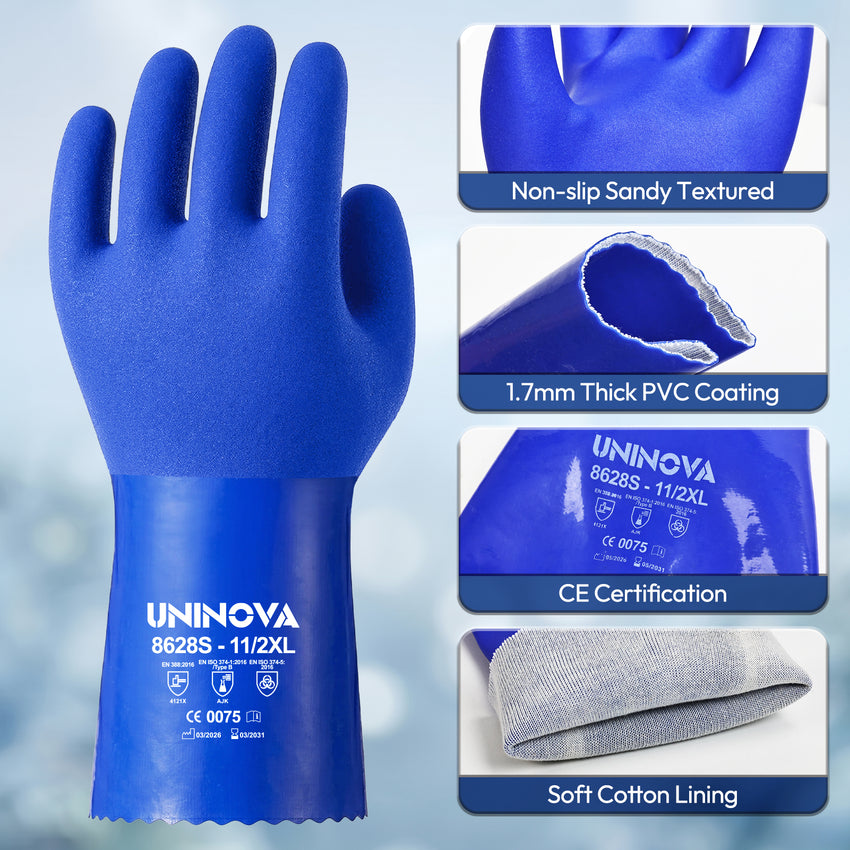 UNINOVA 11-Inch PVC Chemical Resistant Gloves – Sandy Grip, Cotton Lined