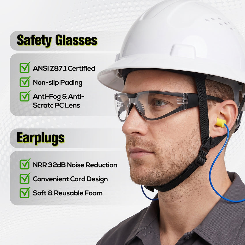 Construction PPE Kit - Hard Hat, High Visibility Vest, Safety Glasses, Gloves & Earplugs